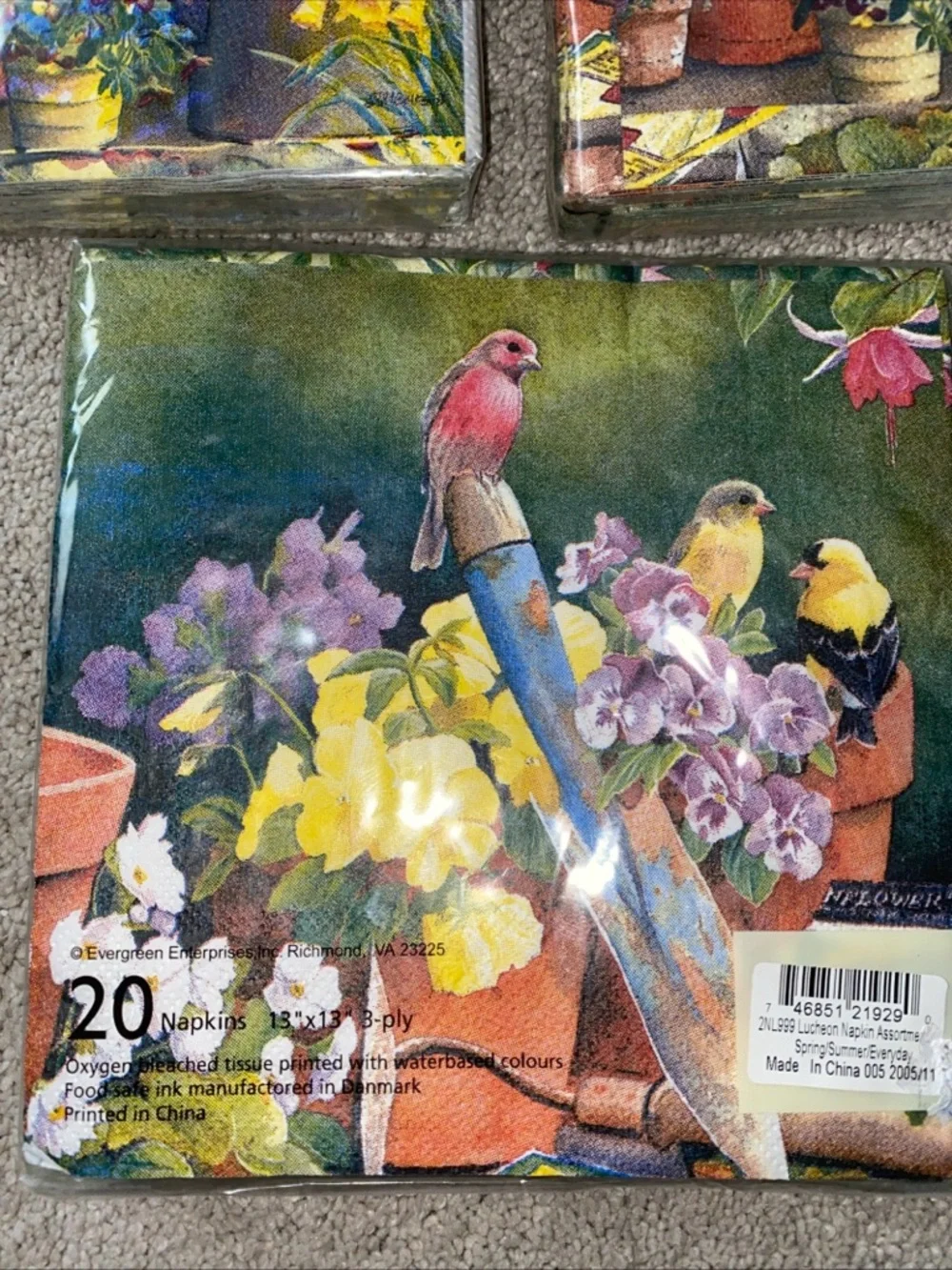 VTG Evergreen Gardening Birds Cocktail & Luncheon Napkins Set New Deadstock‎
